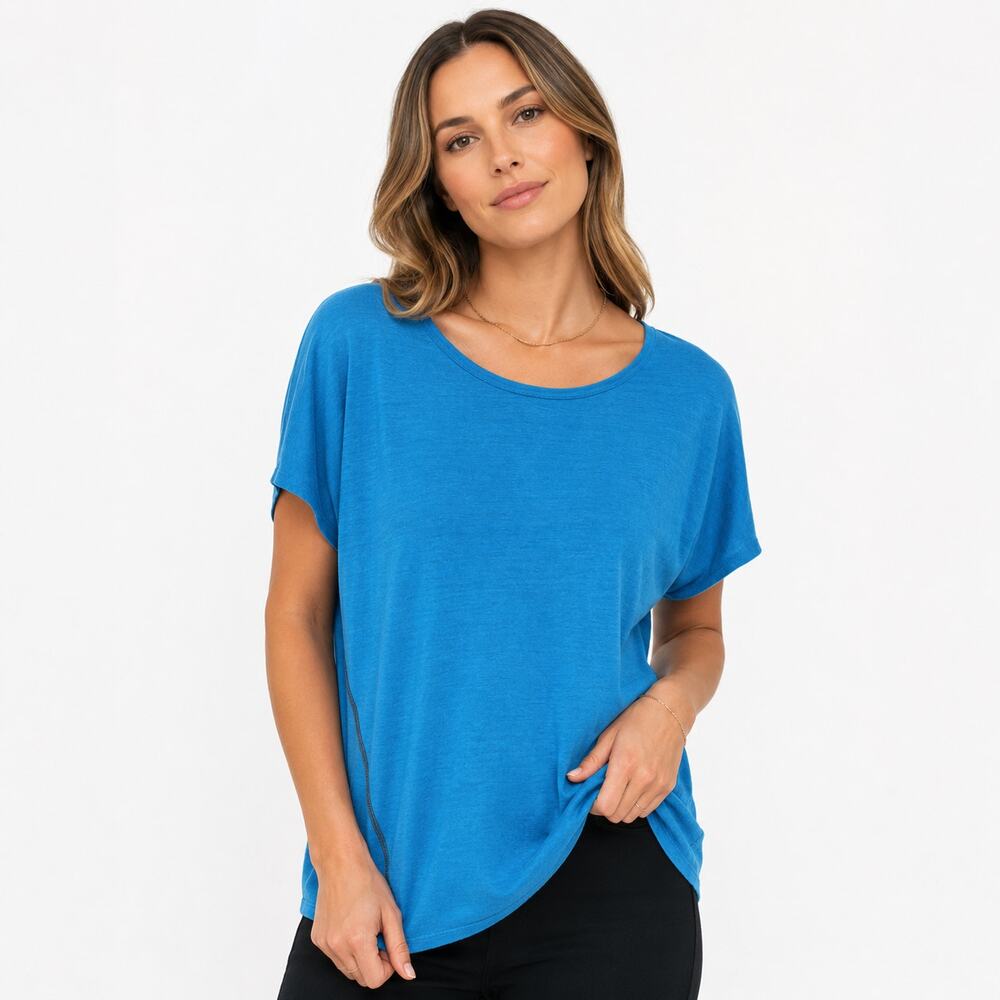 Eileen Fisher Organic Linen T-Shirt PL Petite Blue Short Sleeve Scoop Neck Boxy